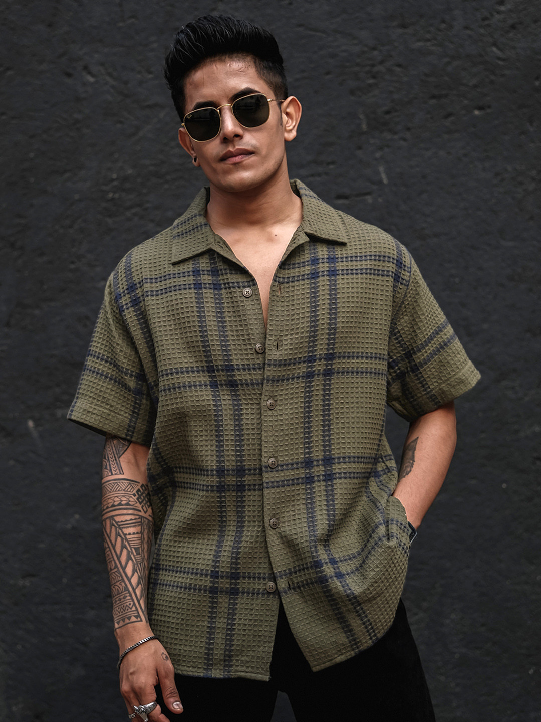 Powerlook Olive Green India Slim Fit Tartan Checked Pure Cotton Casual Shirt