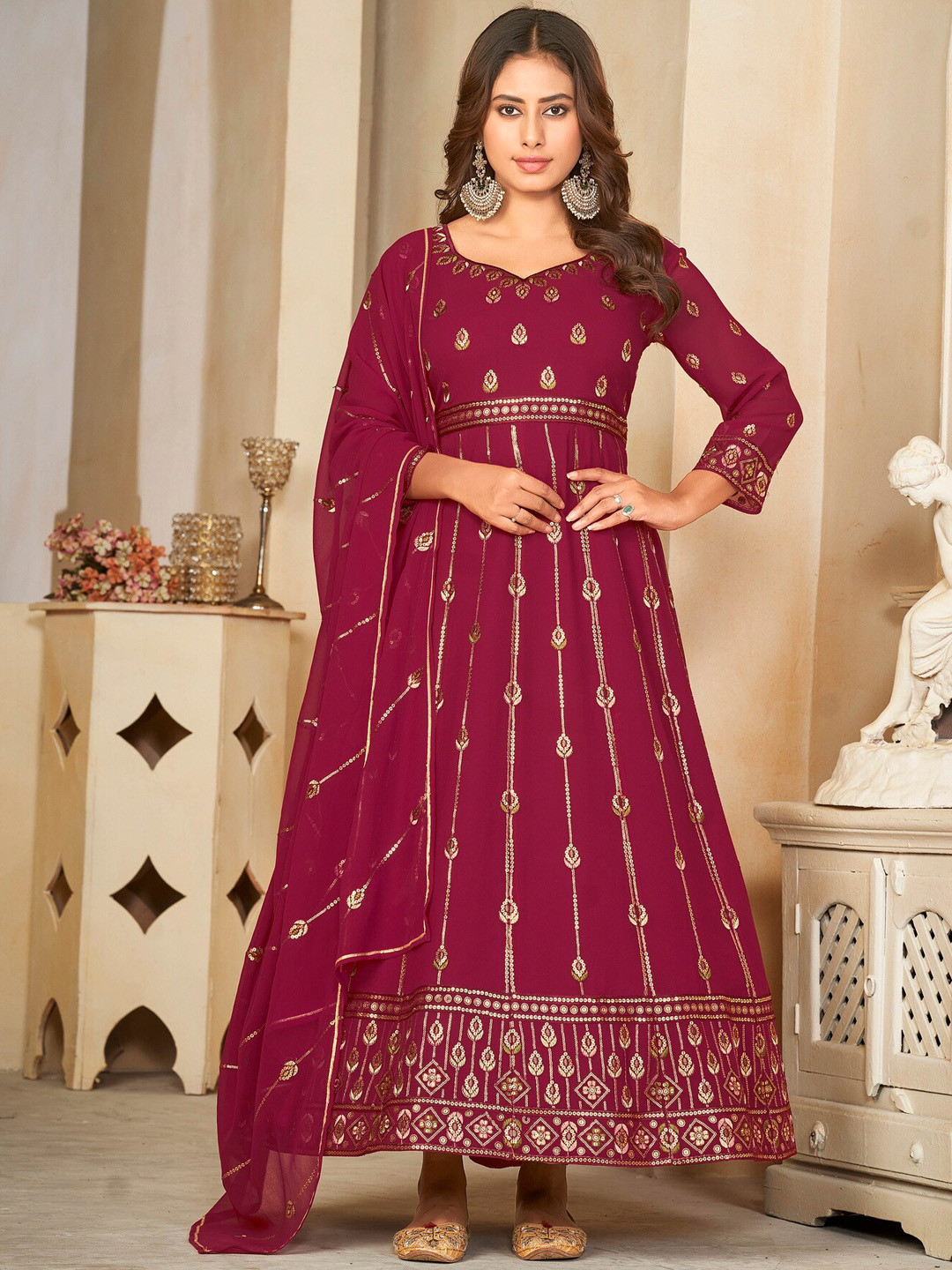 Warthy Ent Ethnic Embellished Fit and Flare With Dupatta
