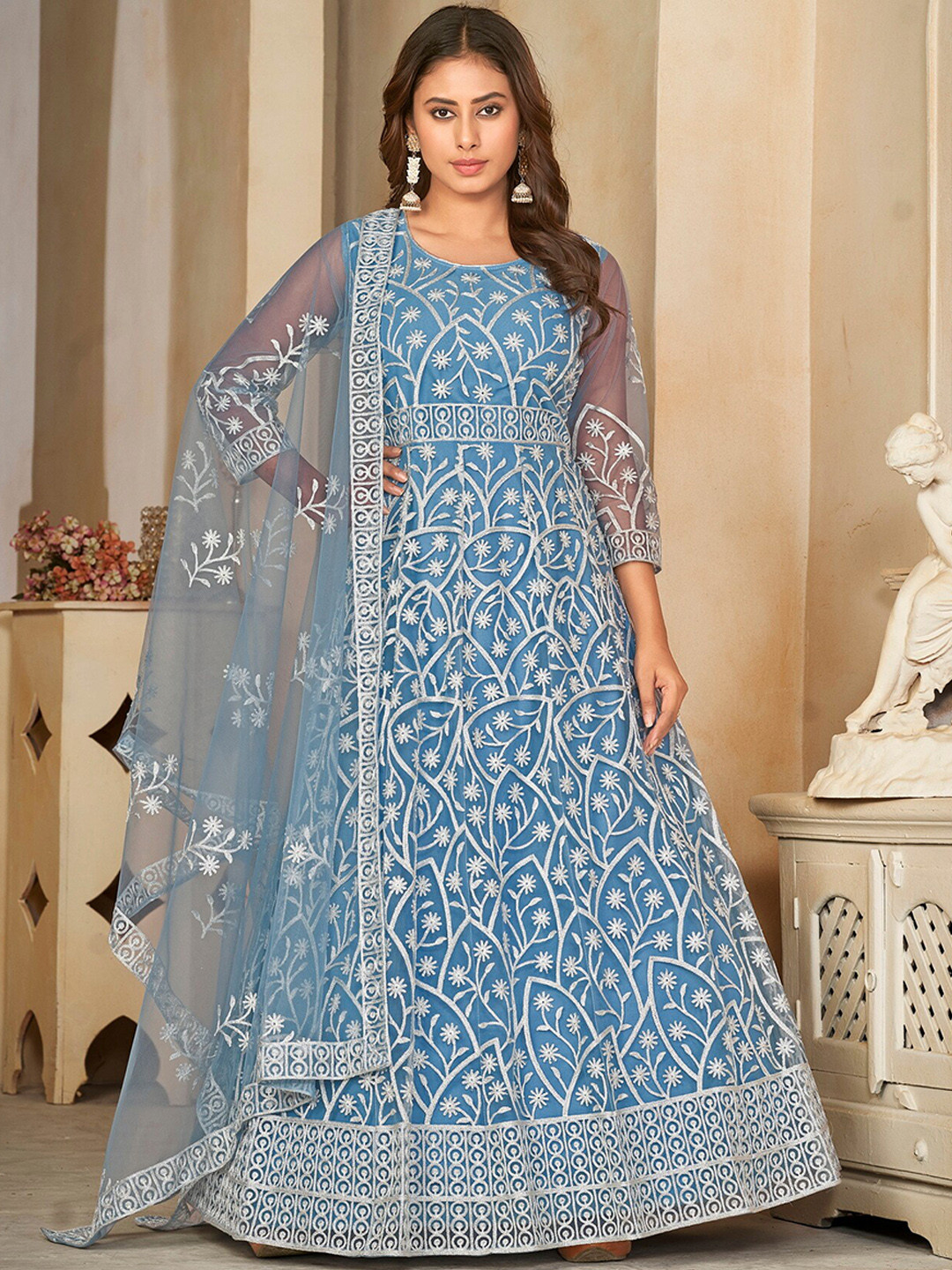 Warthy Ent Floral Embroidered A-Line With Dupatta