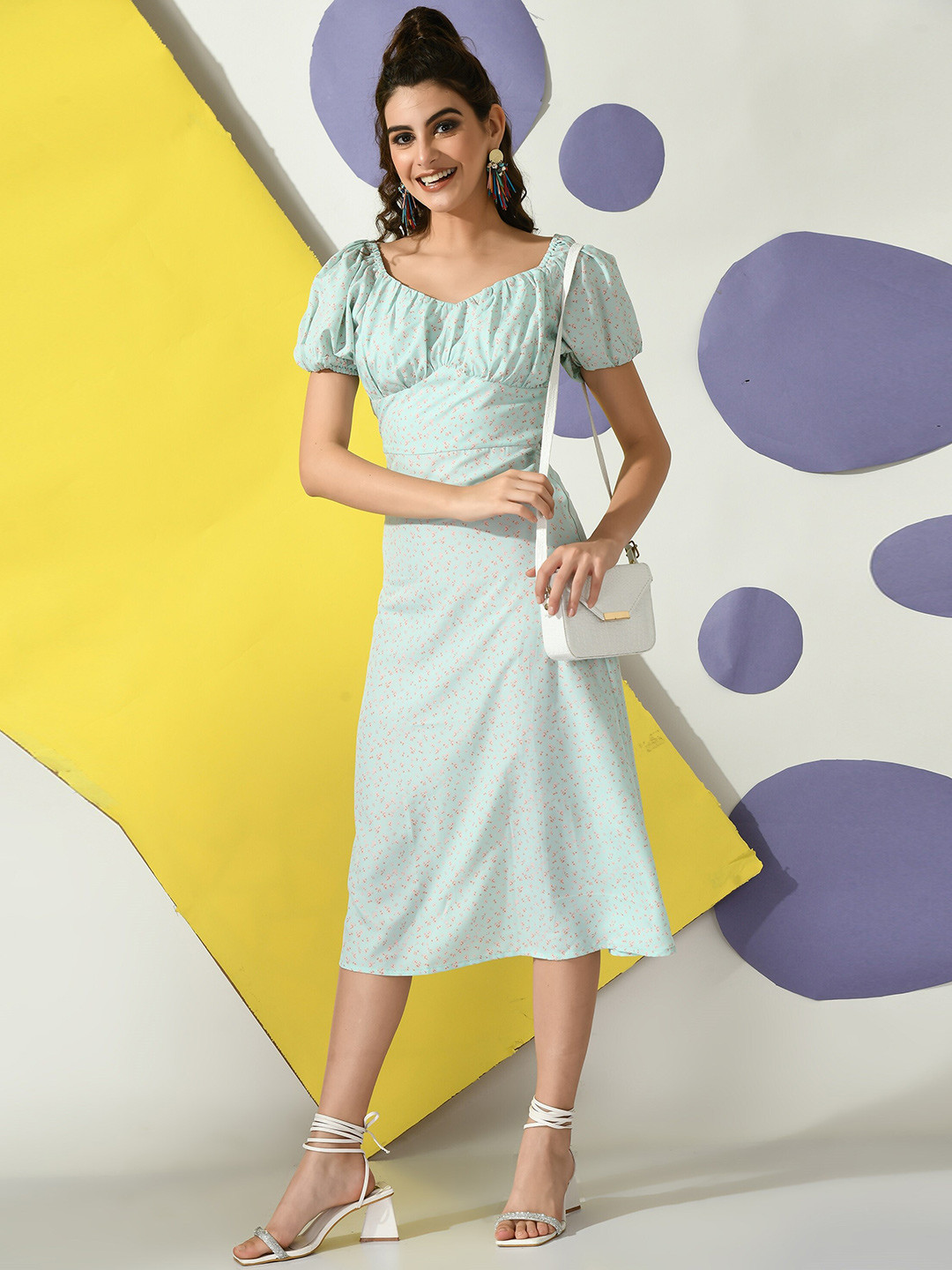 Fuchsia  Women Puff Sleeve Floral Midi Dress