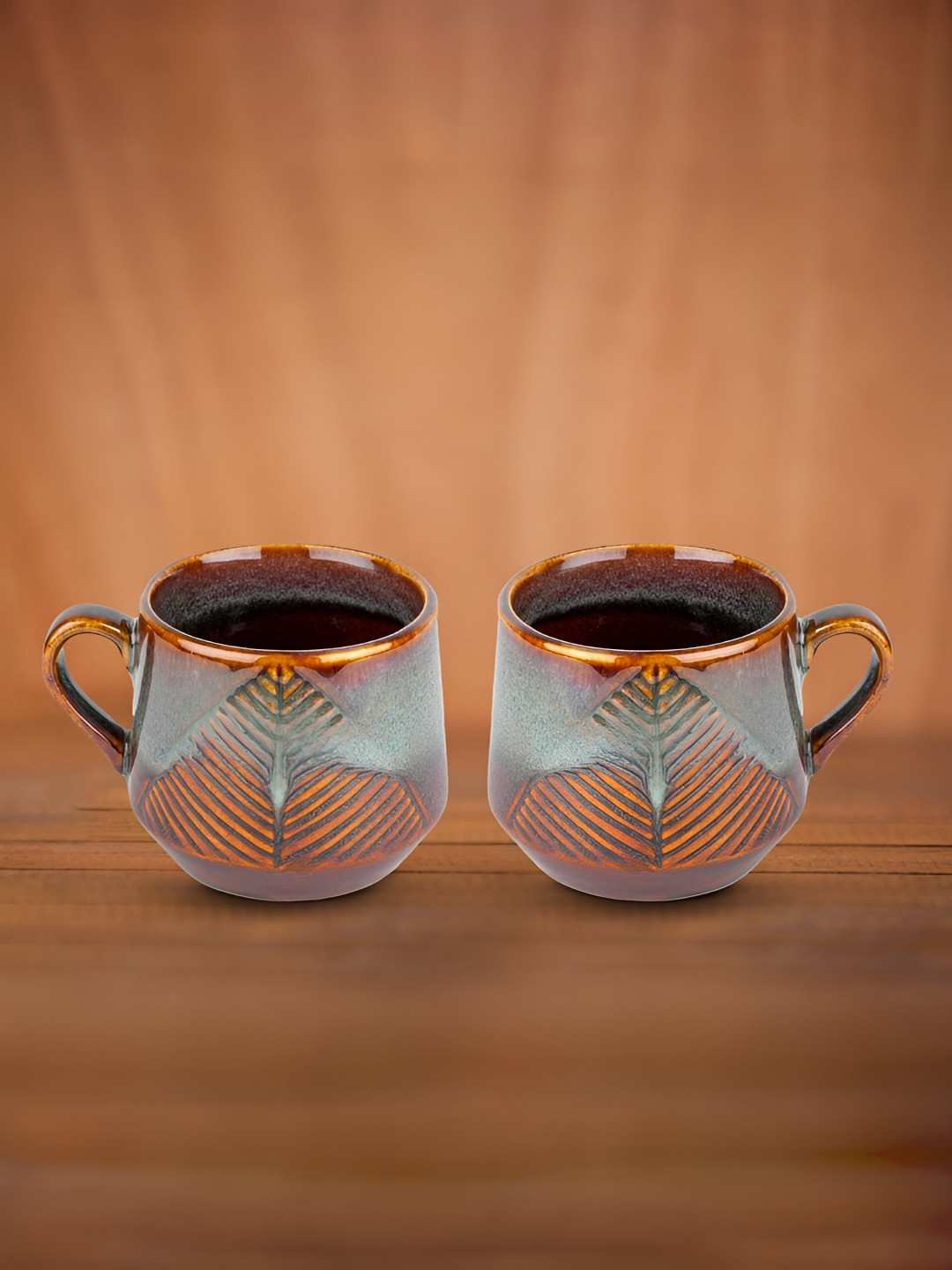 The Better Home Valentine Gift Brown Leaf Ceramic Microwave Safe 2 Piece Mugs-200ml