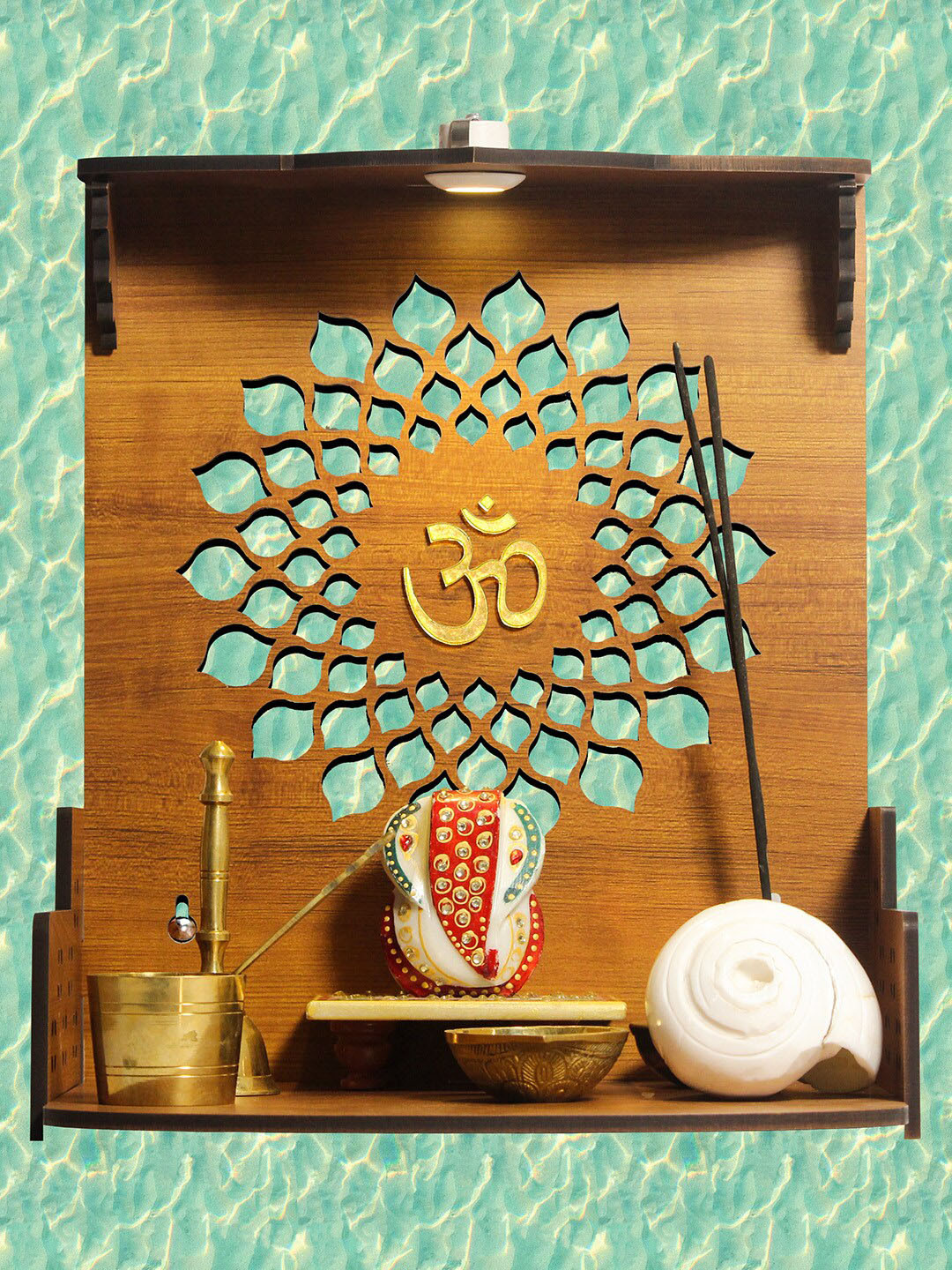 HEARTILY Brown Wooden Aura Home Temple with LED Light