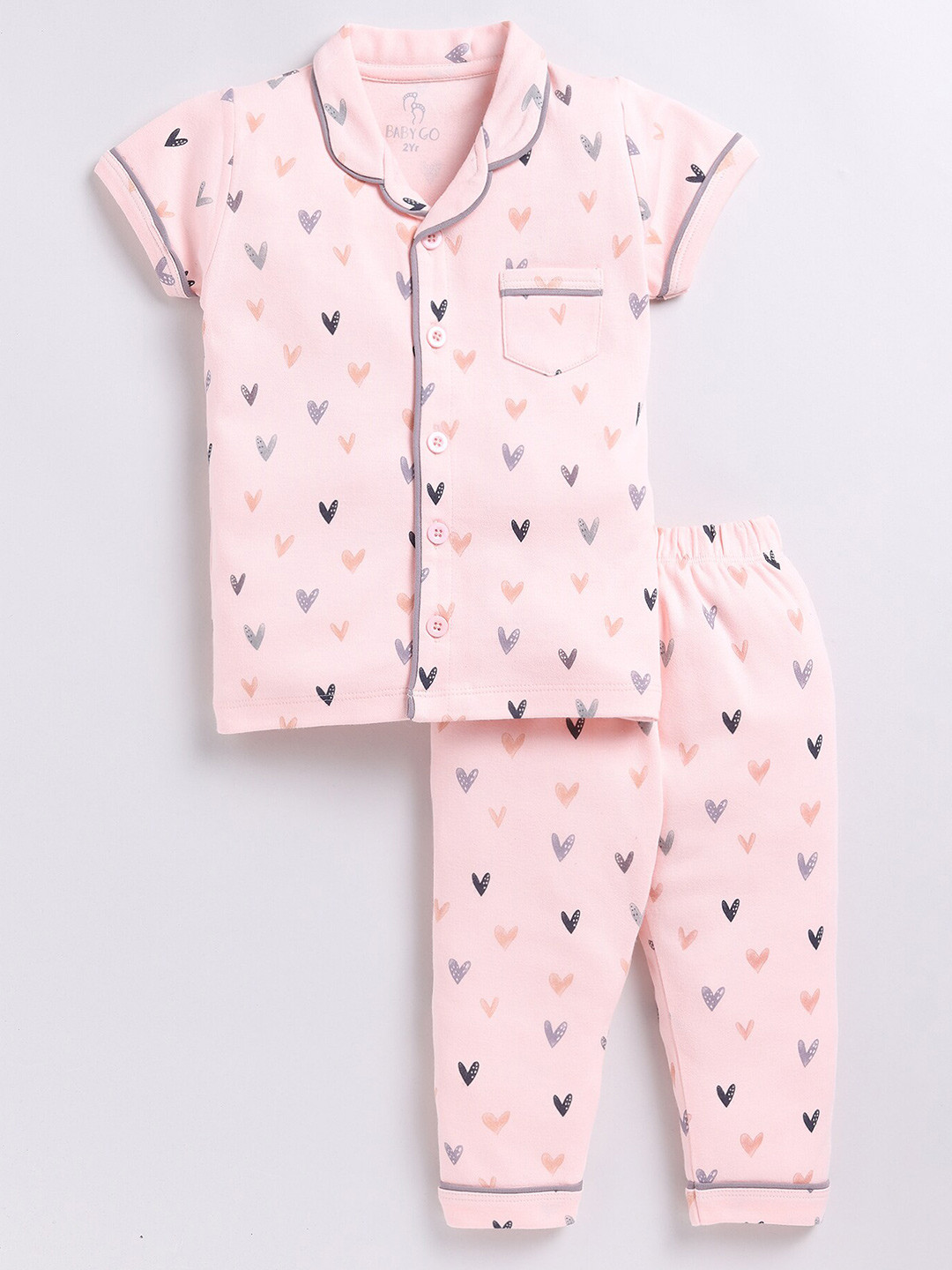 BABY GO Girls Graphic Printed Lapel Collar Pure Cotton Shirt with Pyjamas