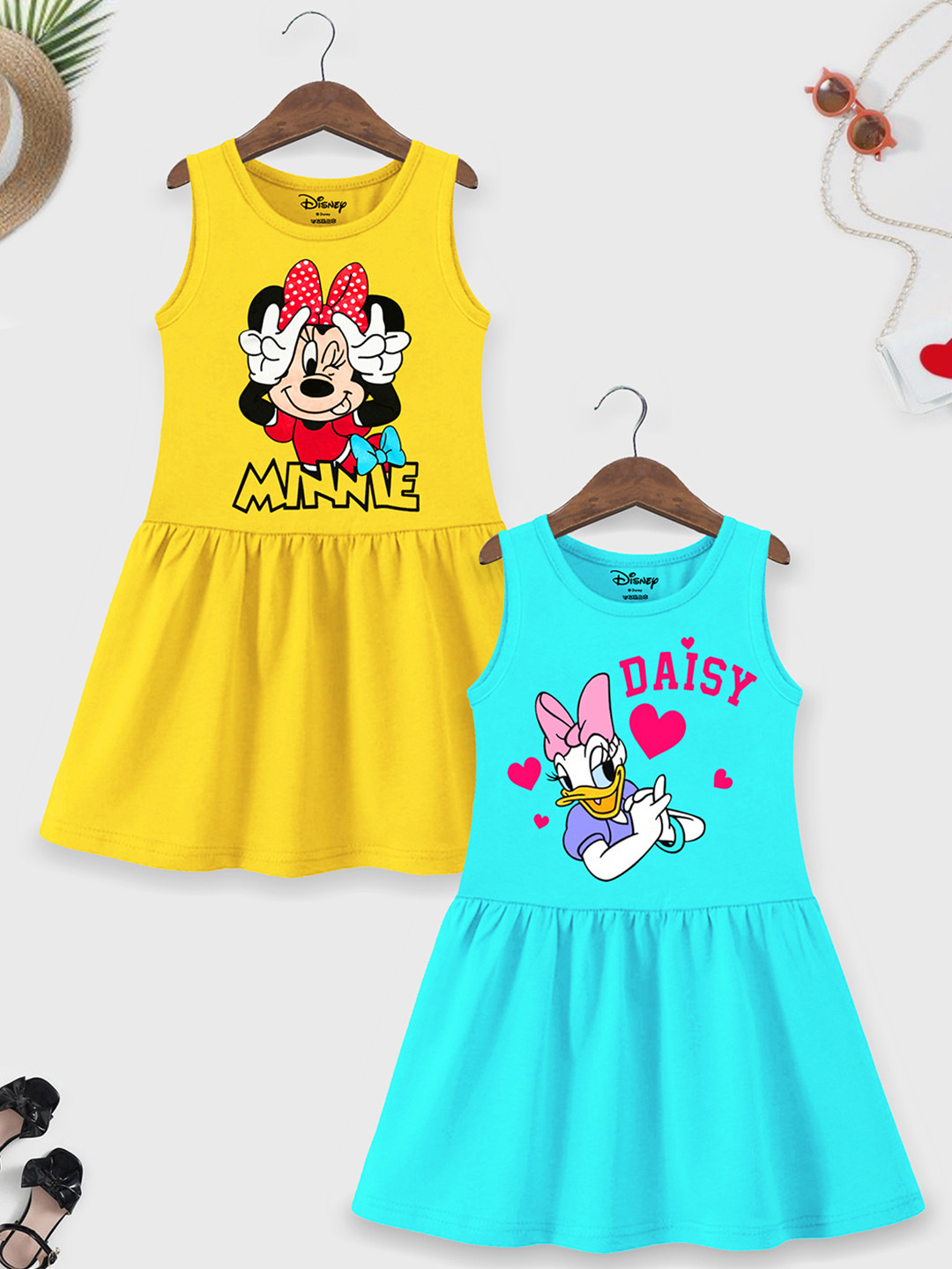 YK Disney Girls Pack of 2 Cartoon Characters Printed Fit & Flare Dress
