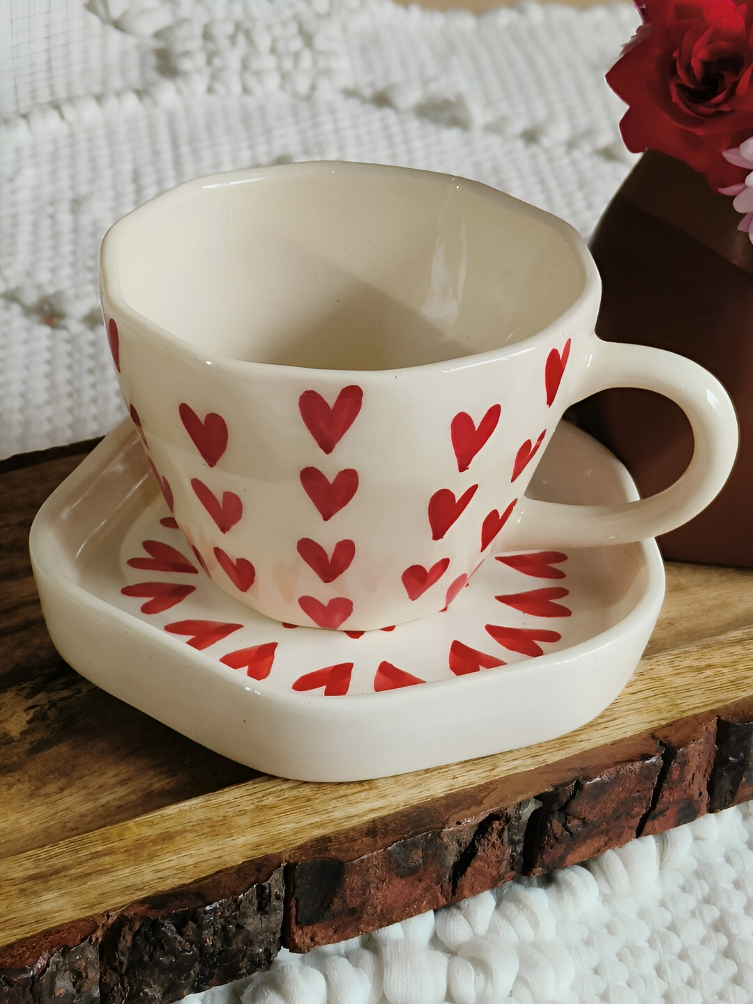 NIYARA White & Red 2 Pcs Printed Ceramic Glossy Cups and Saucers 320 ml