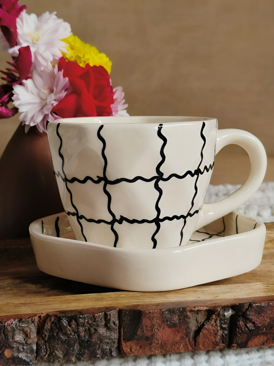 NIYARA White & Blue 2 Pcs Printed Ceramic Glossy Cups and Saucers 320 ml