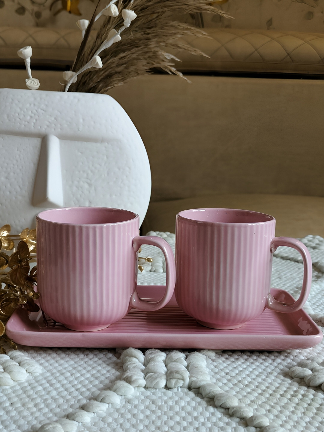 NIYARA Pink 3 Pcs Printed Ceramic Matte Cups With Tray 400 ml