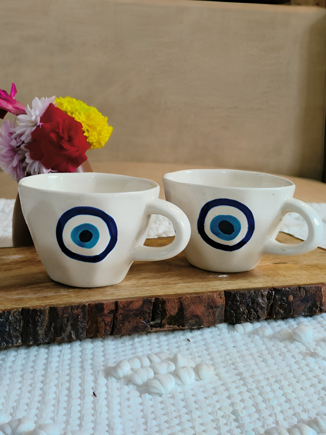 NIYARA White & Blue 2 Pcs Printed Ceramic Matte Mugs 320 ml