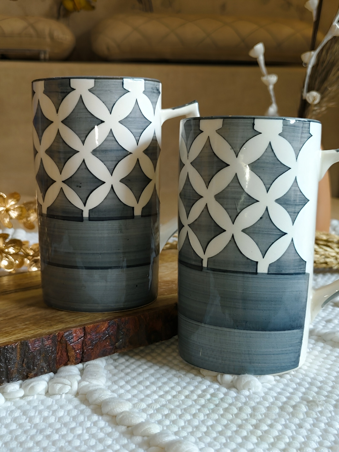 NIYARA Lotus Field Grey Geometric Ceramic Microwave Safe 2 Piece Mugs-650ml