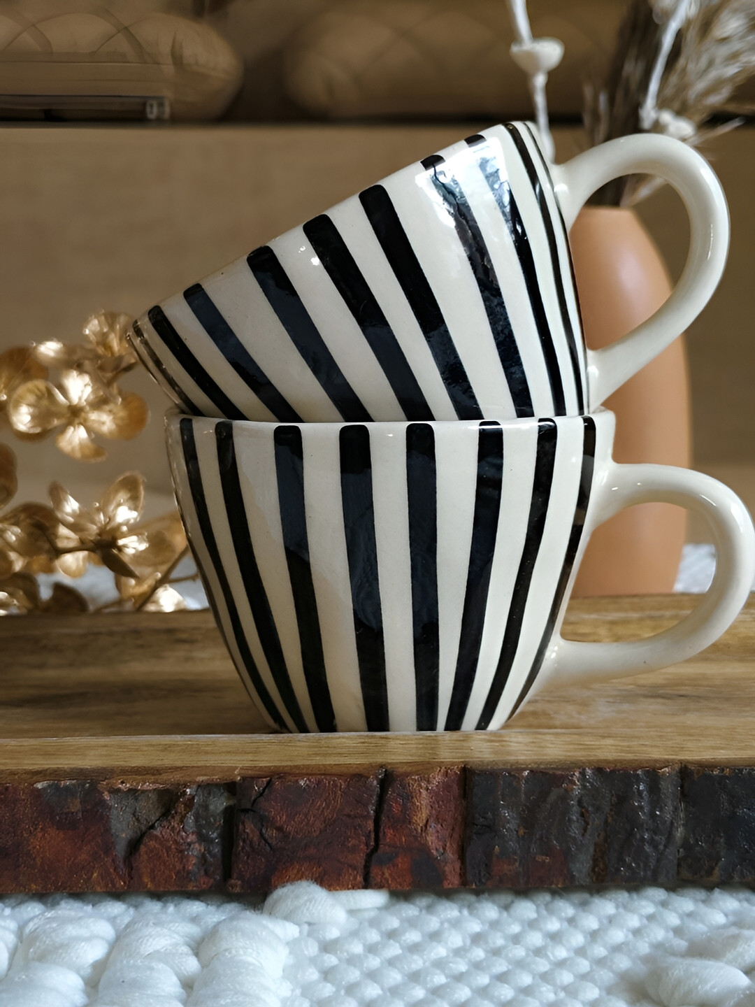 NIYARA White & Black 2 Pcs Printed Ceramic Glossy Mugs 320 ml