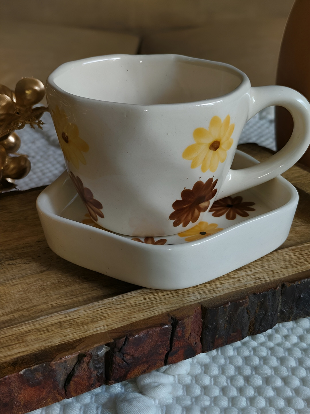 NIYARA White & Yellow 2 Pcs Floral Printed Ceramic Glossy Cups and Saucers 320 ml
