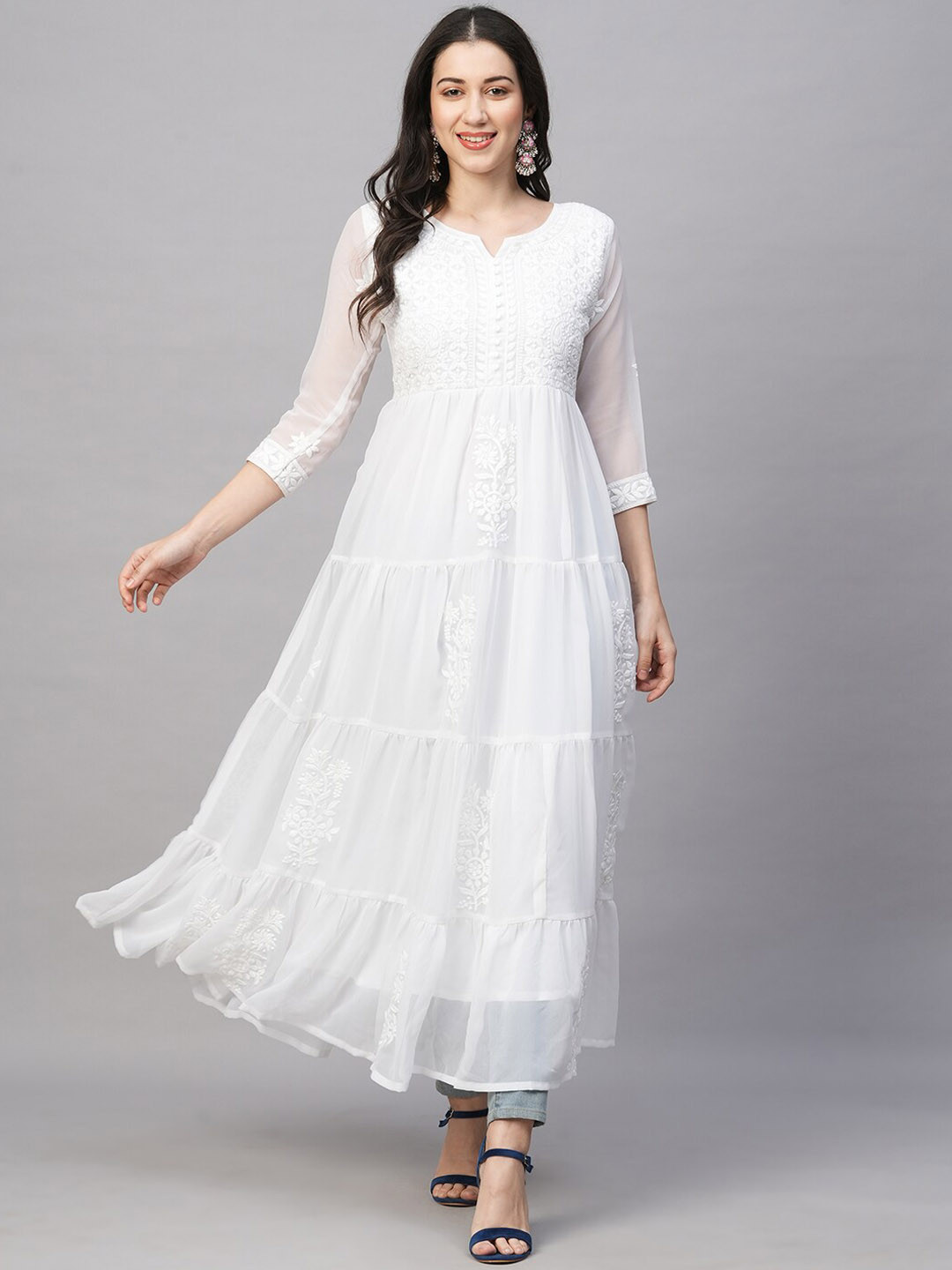 RATAN Notch Neck Ethnic Embroidered Georgette A Line Kurta