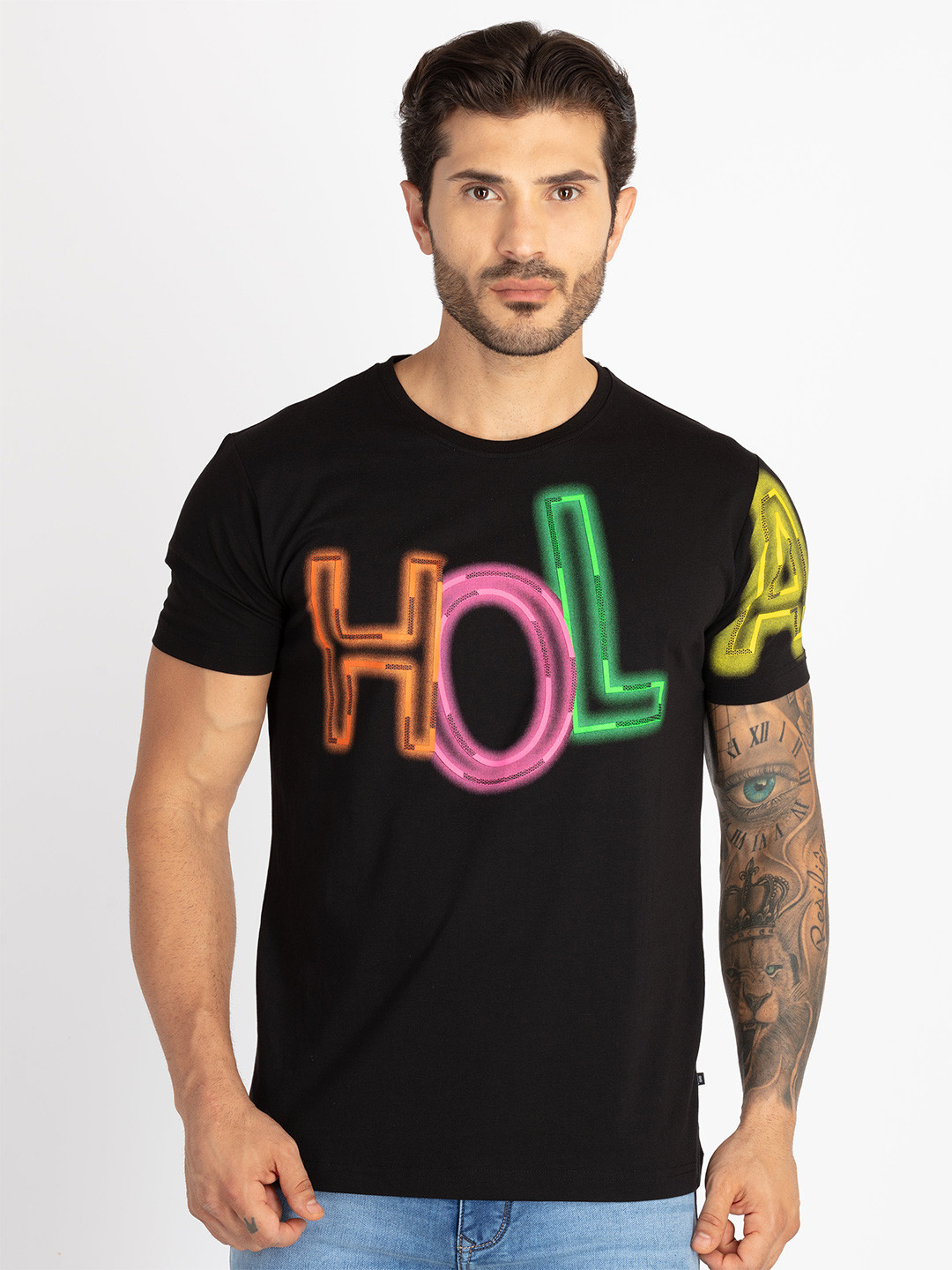 Status Quo Men Typography Printed Applique T-shirt