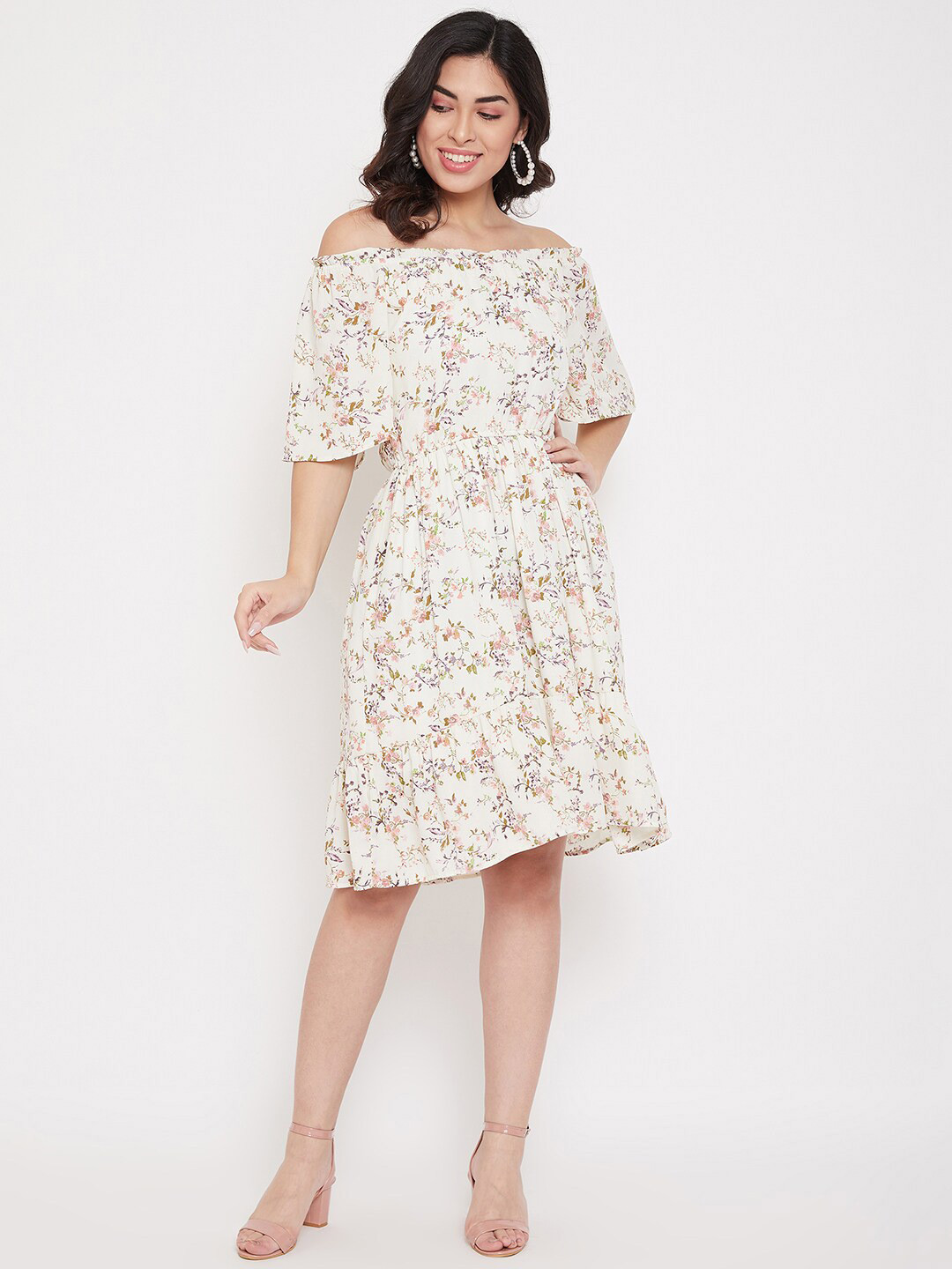 Ruhaans Women's  Floral Print Off-Shoulder Georgette Fit & Flare Dress