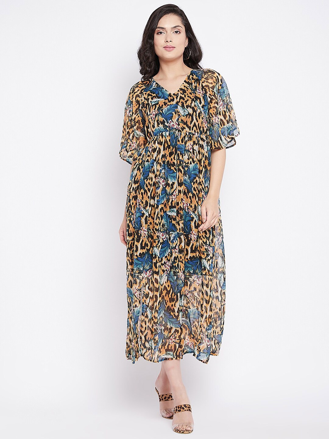 Ruhaans Women's  Animal Print Georgette A-Line Midi Flutter Sleeves Dress