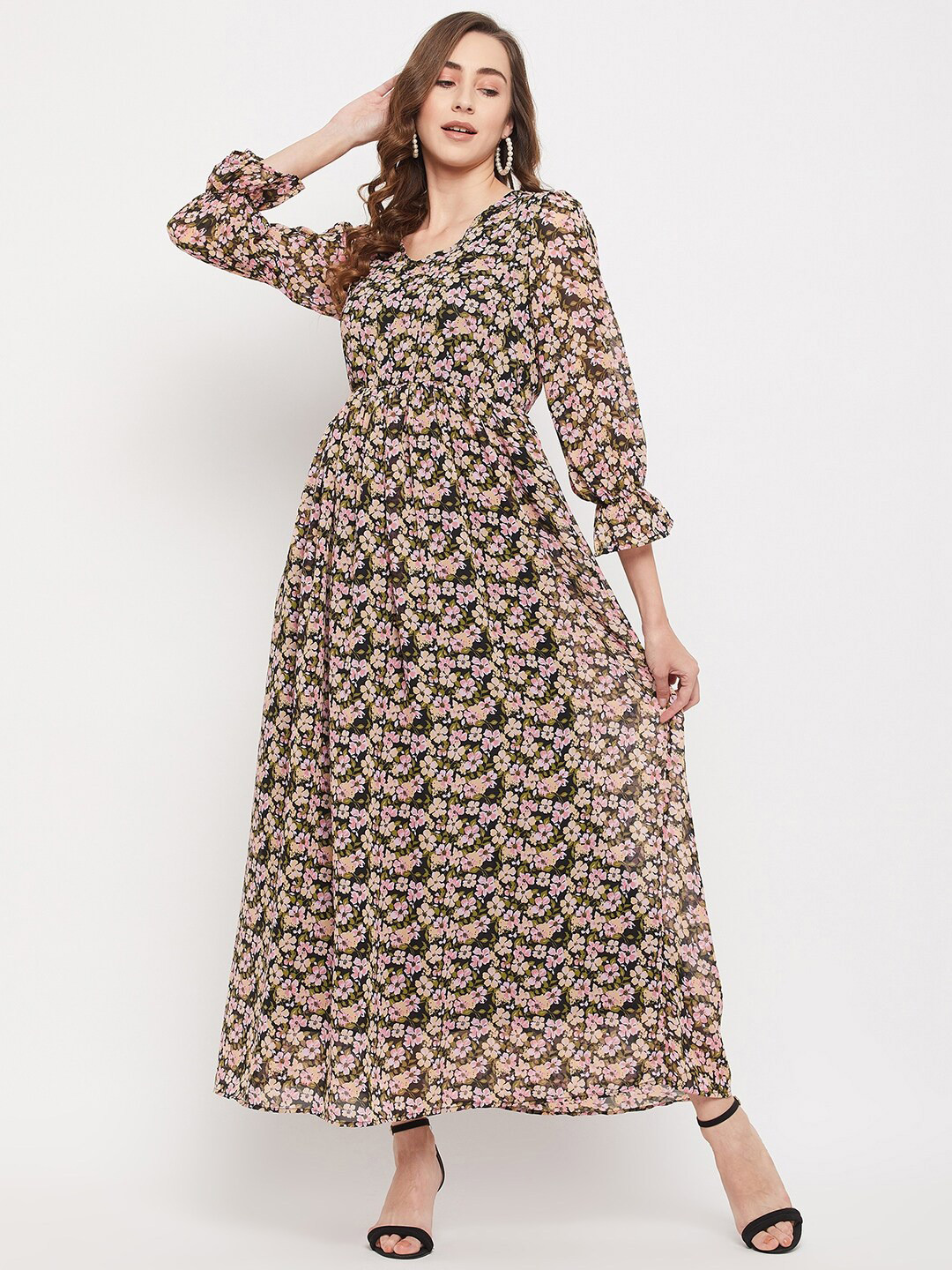 Ruhaans Women's  Floral Print Bell Sleeve Georgette Maxi Dress