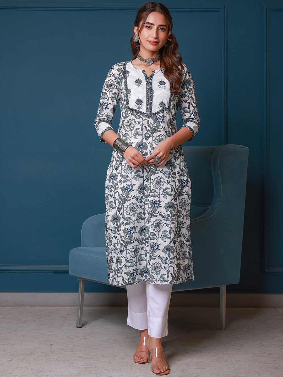 GULAB CHAND TRENDS Ethnic Motifs Printed Cotton Round Neck Floral Kurta
