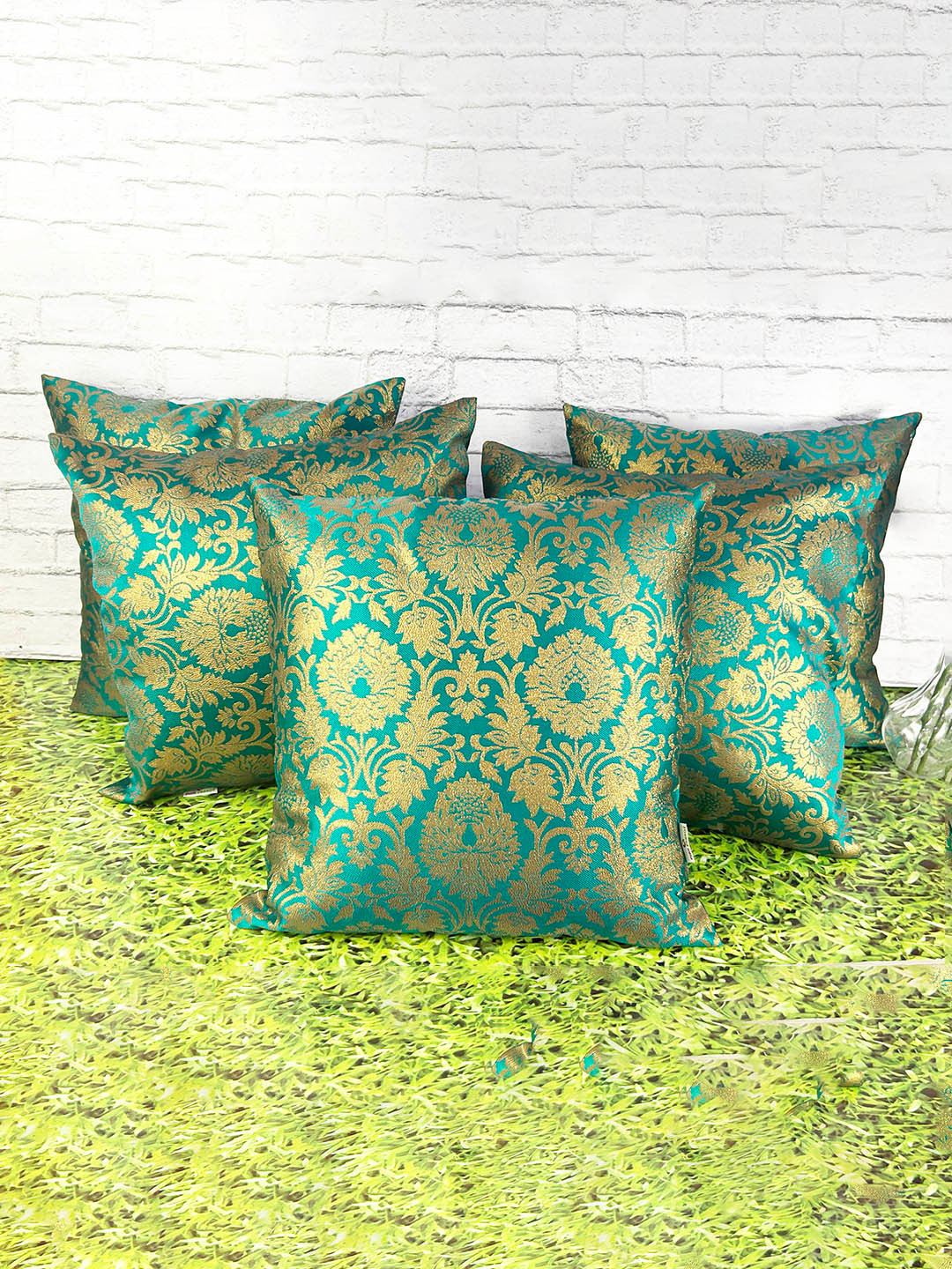 Pink Parrot Green & Gold-Toned 5 Pcs Ethnic Motifs Square Cushion Covers