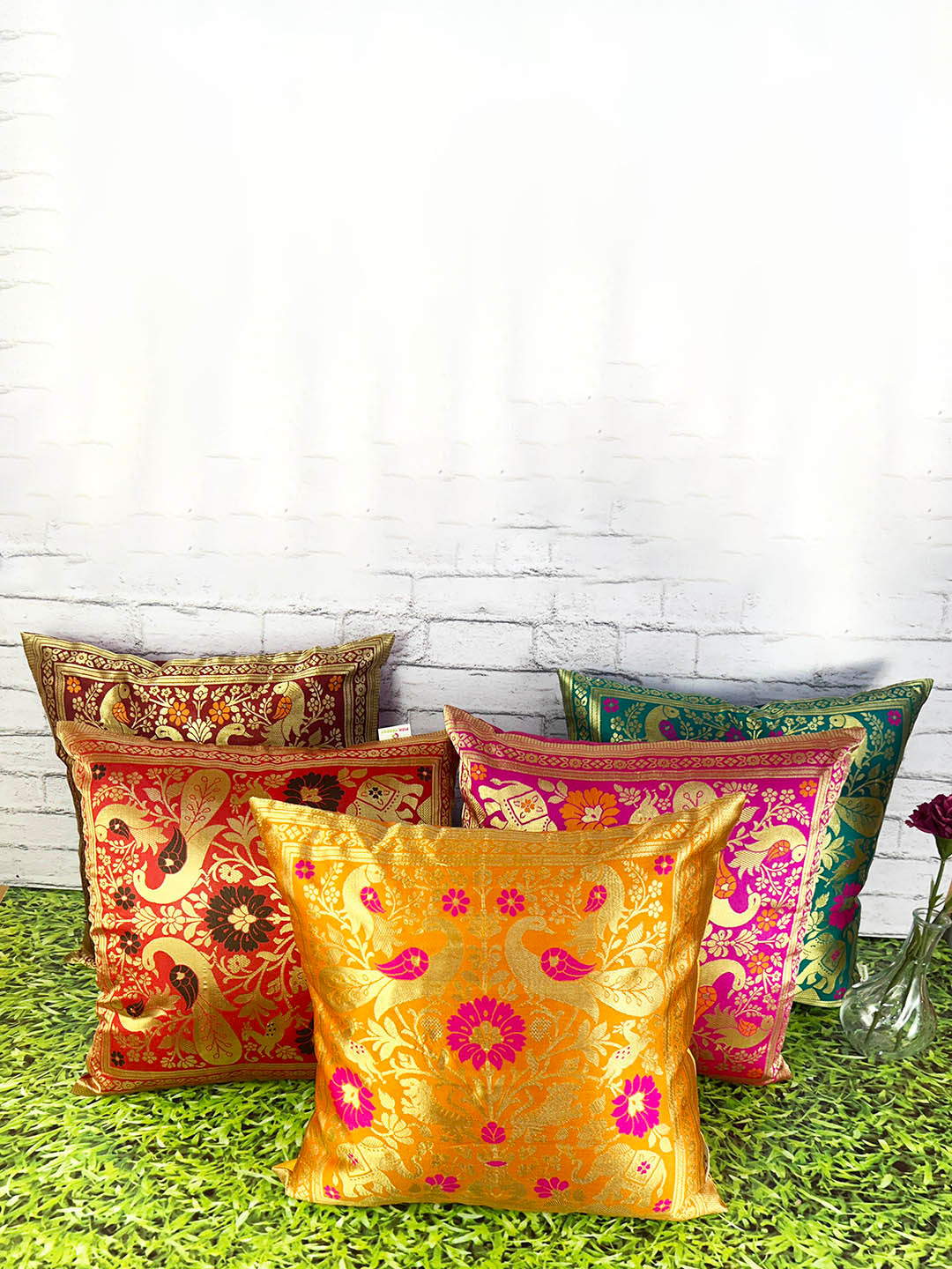 Pink Parrot Red Ethnic Motifs Art Silk Quick-Dry 5 Pcs Textured Cushion Covers -16x16In