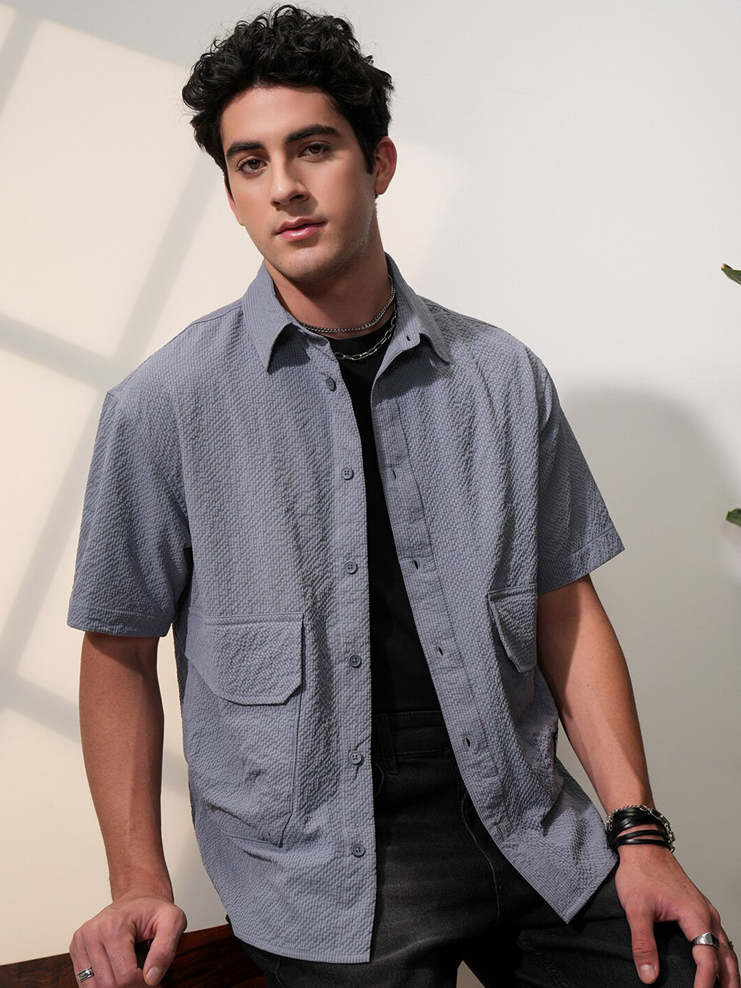 Locomotive Men Popcorn Textured Utility Pocket Oversized Overshirt