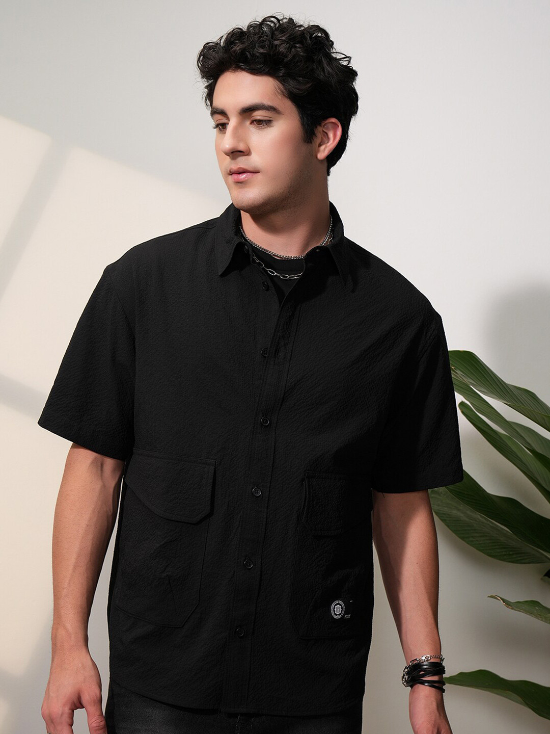 Locomotive Men Popcorn Textured Utility Pocket Oversized Overshirt