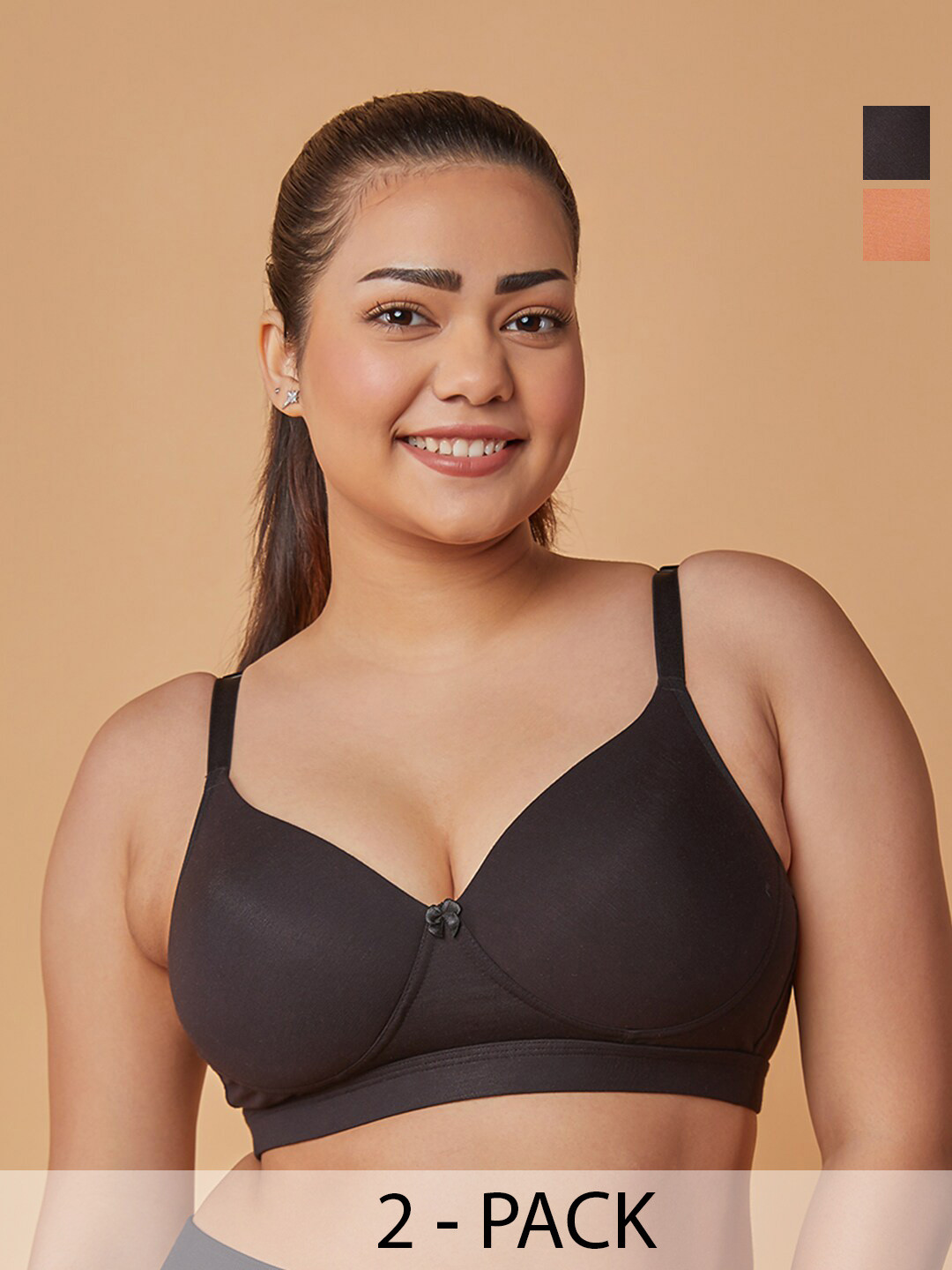 MAASHIE Pack of 2 Lightly Padded Full Coverage T-Shirt Bra AL-BLK