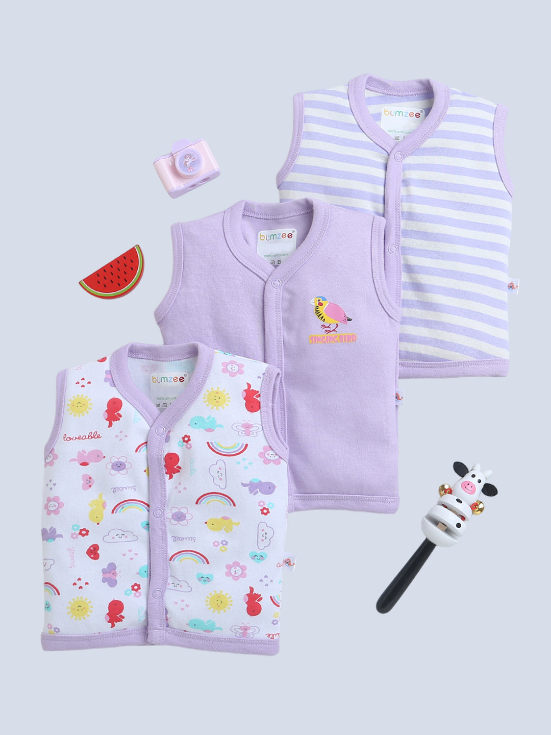 BUMZEE Infant Girls Pack Of 3 Self-Design Cotton Jhablas
