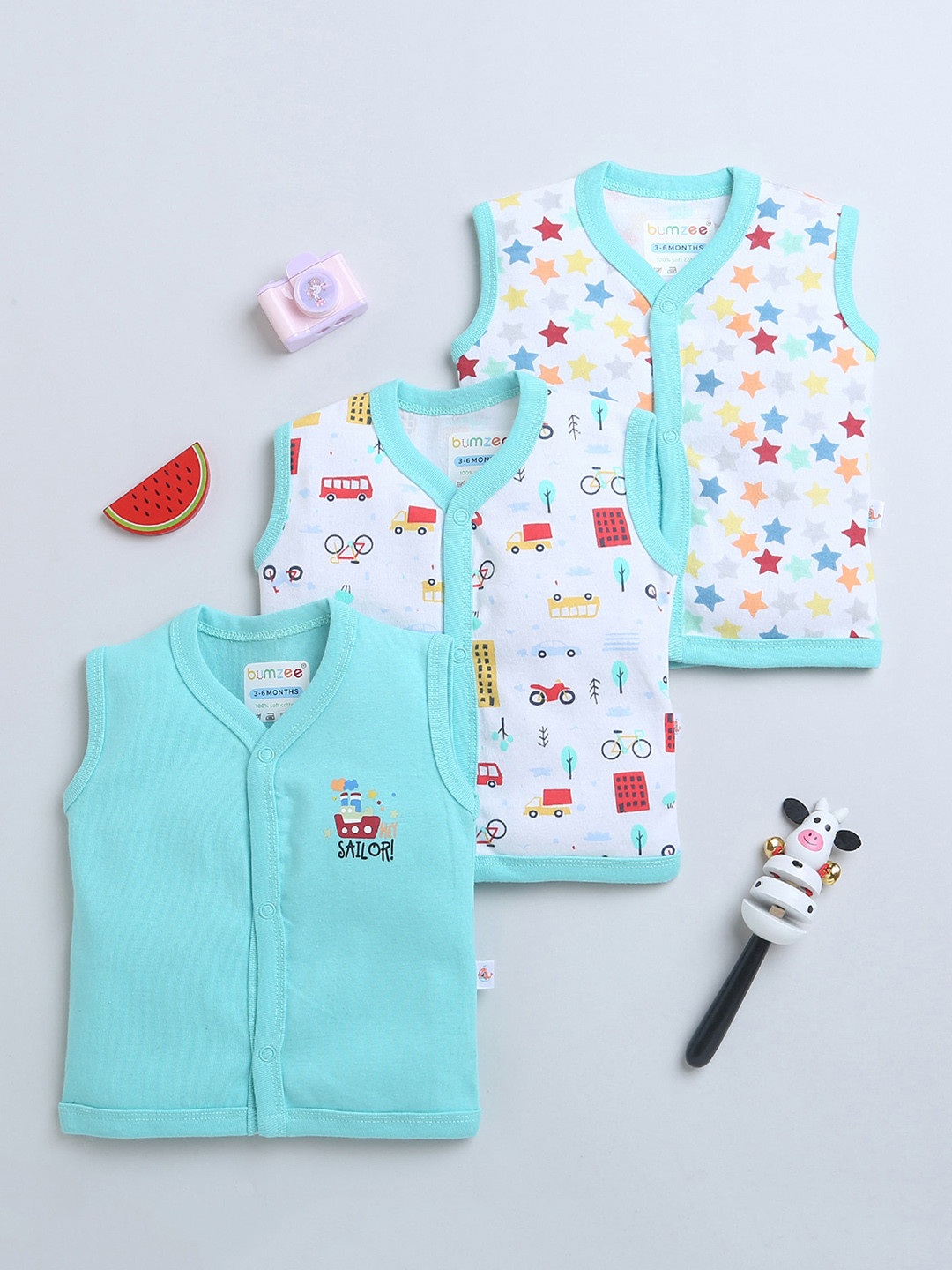 BUMZEE Infant Boys Pack Of 3 Self-Design Cotton Jhablas
