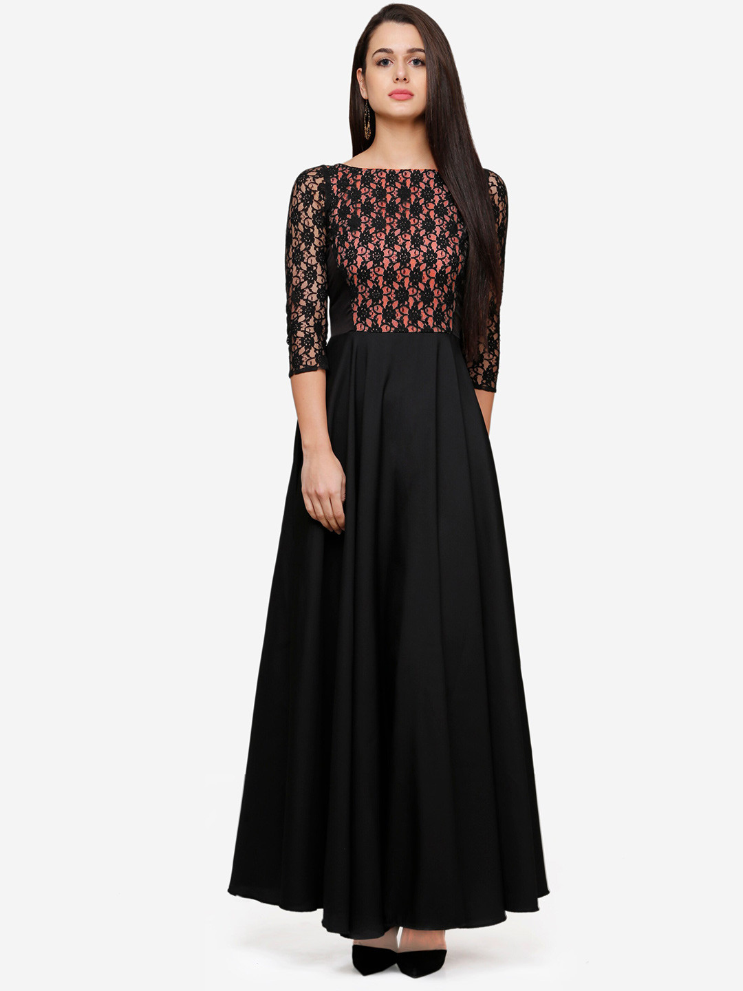 V&M Women's  Crepe Lace 3/4 Sleeves sleeves Maxi Dress