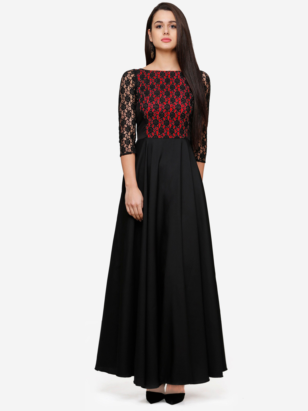 V&M  Women's  Crepe Lace 3/4 Sleeves sleeves Maxi Dress