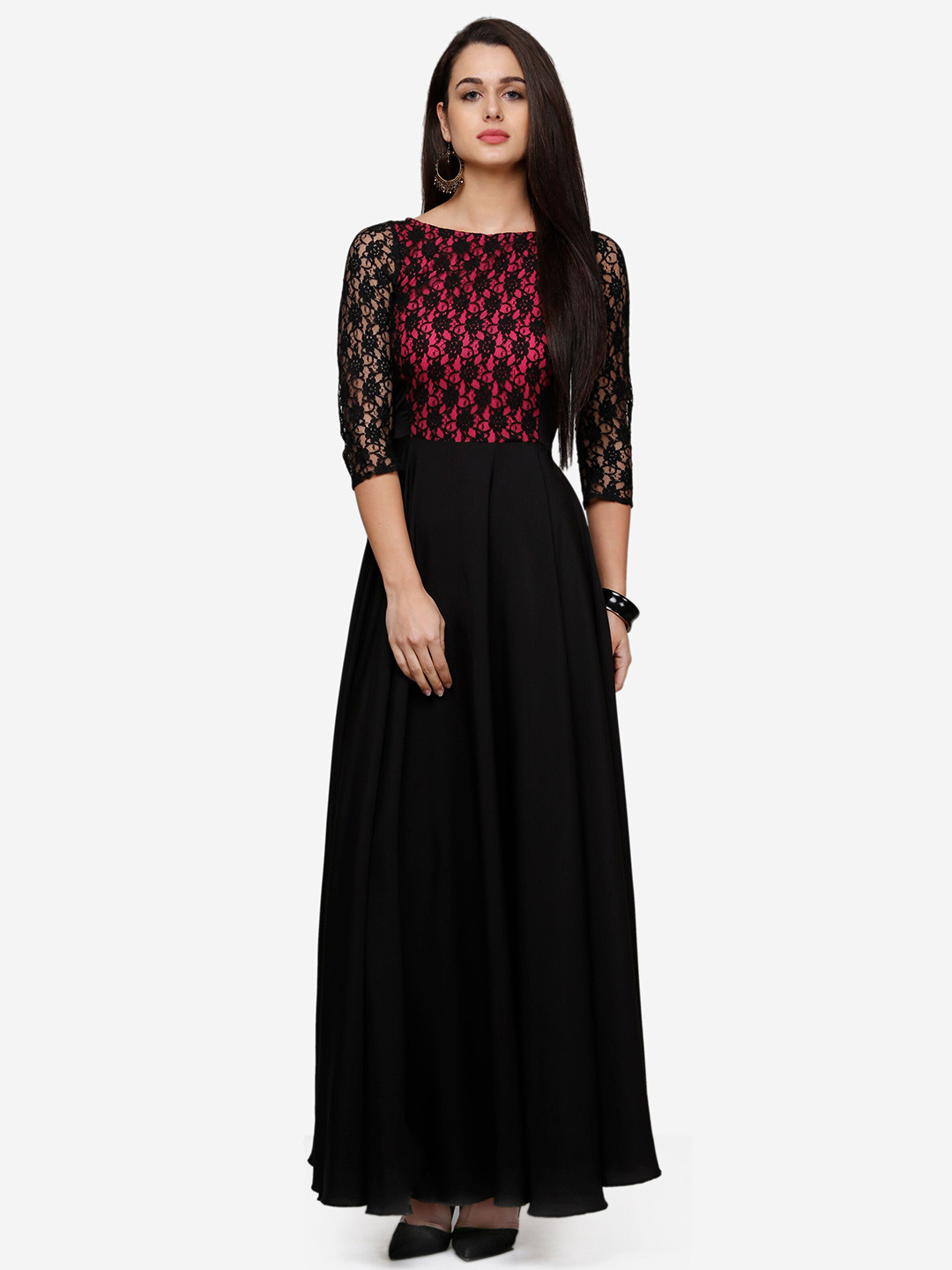 V&M  Women's  Crepe Lace 3/4 Sleeves sleeves Maxi Dress