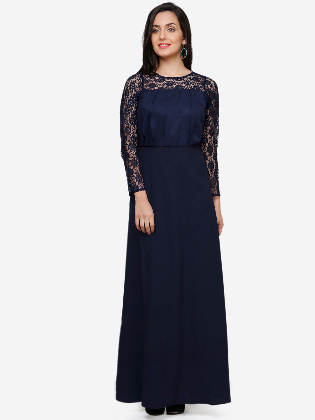 V&M Women's Crepe Lace Full Sleeves Maxi Party Dress