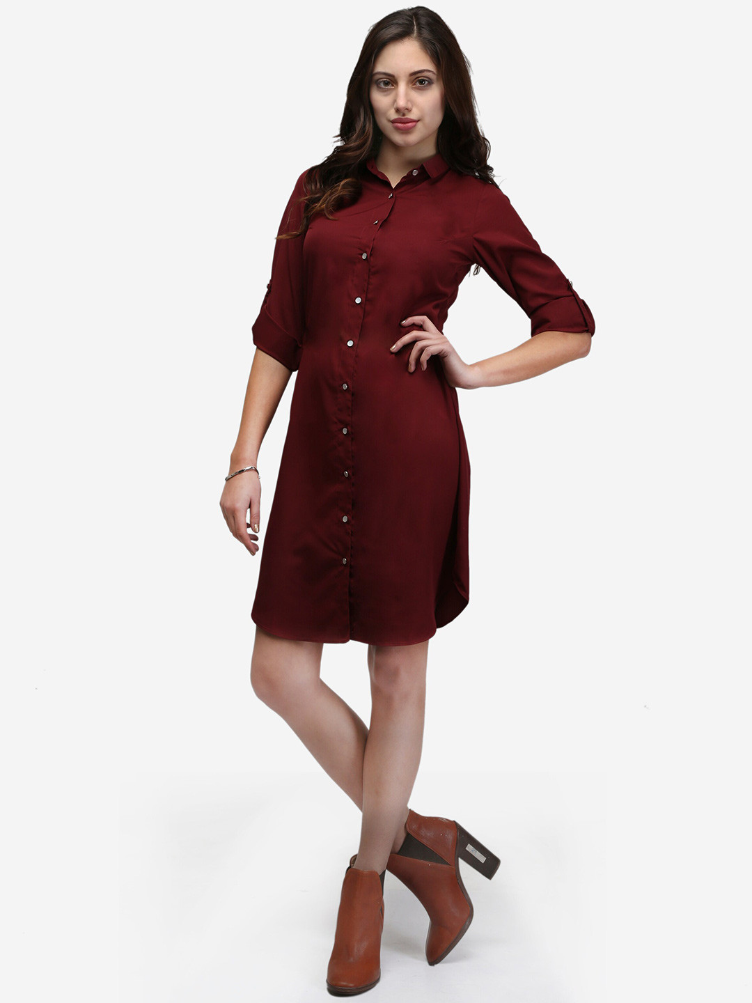 V&M Women's Crepe  Roll Up Sleeves  Shirt Dress