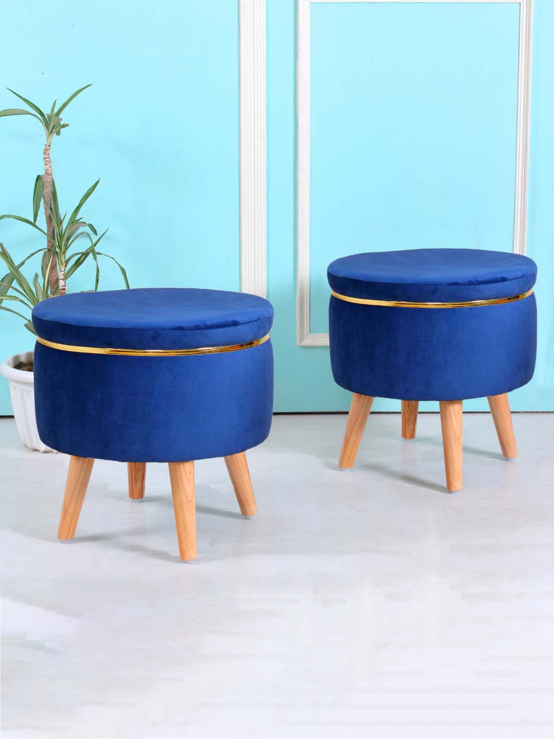 Shadowkart Blue Abstract Wooden Pouffes Sitting Mudda Ottomans