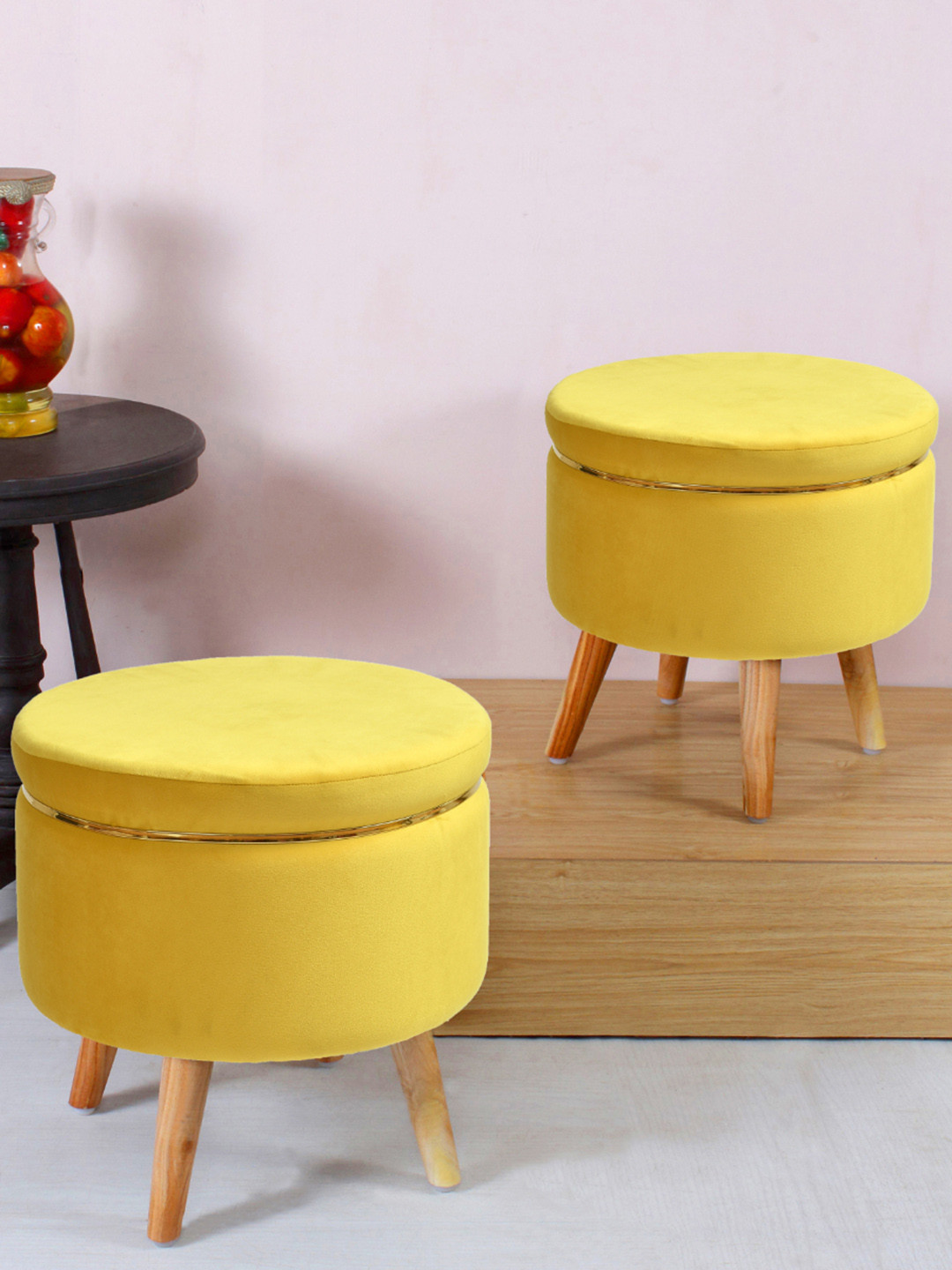 Shadowkart Yellow Wooden Pouffes Sitting Mudda Ottomans