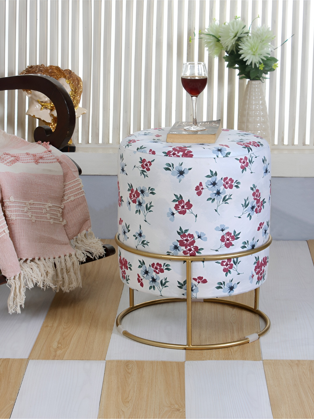 Shadowkart White & Pink Floral Wooden Pouffes Sitting Mudda Ottomans