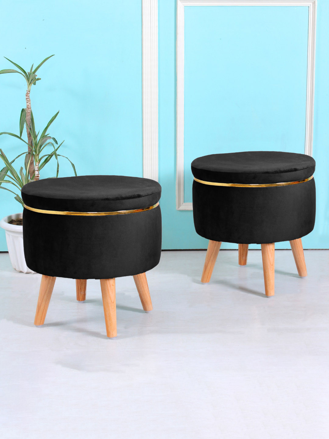 Shadowkart Black Wooden Velvet Pouffes Sitting Mudda Ottomans