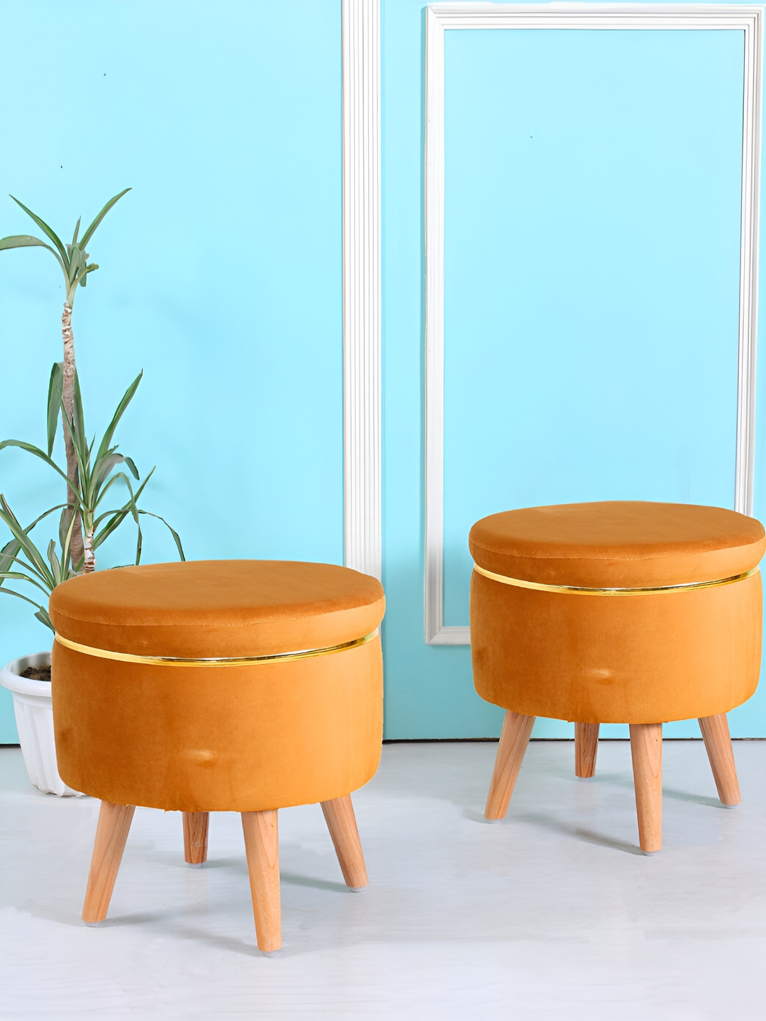 Shadowkart Gold toned Wooden Pouffes Sitting Mudda Ottomans