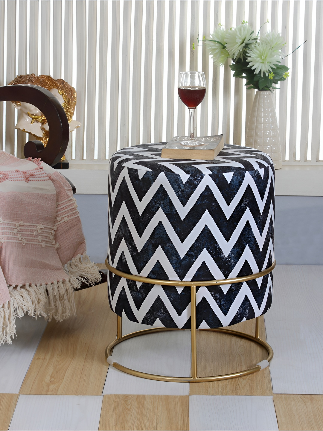 Shadowkart Black & White Geometric Wooden Pouffes Sitting Mudda Ottomans