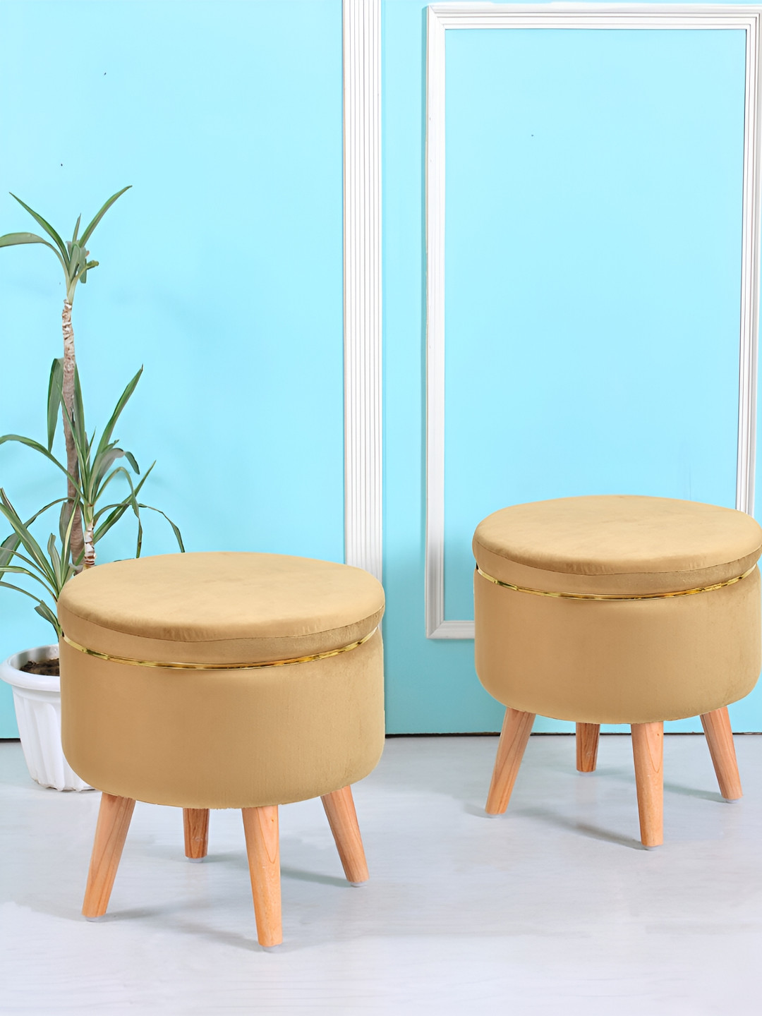 Shadowkart Beige Wooden Pouffes Sitting Mudda Ottomans
