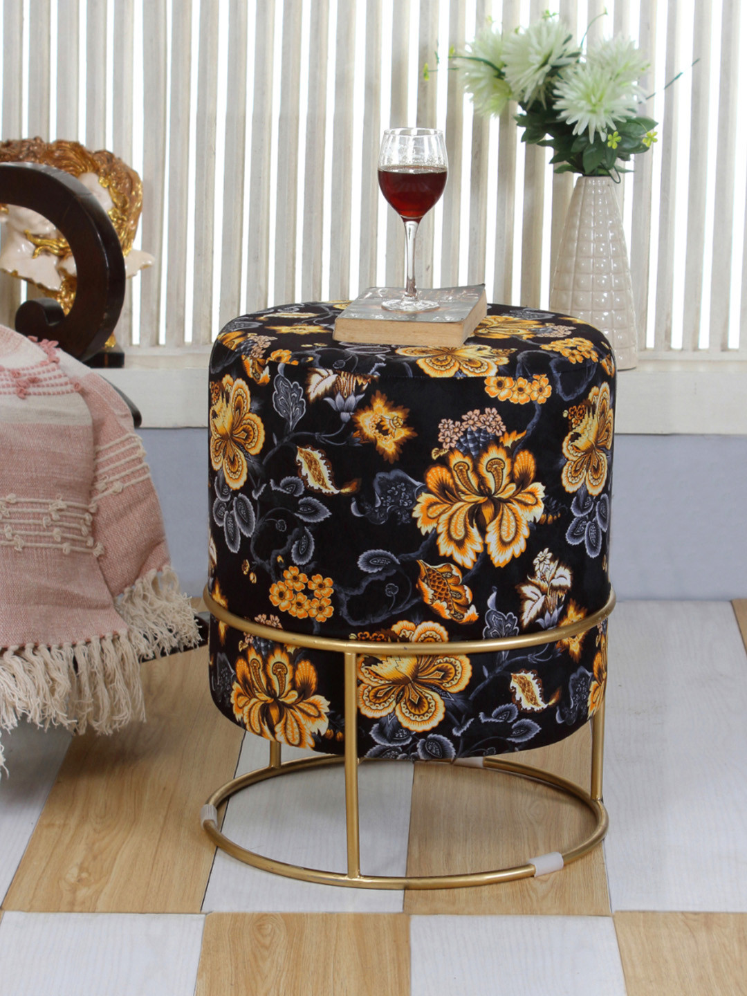 Shadowkart Black & Gold Toned Wooden Pouffes Sitting Mudda Ottomans