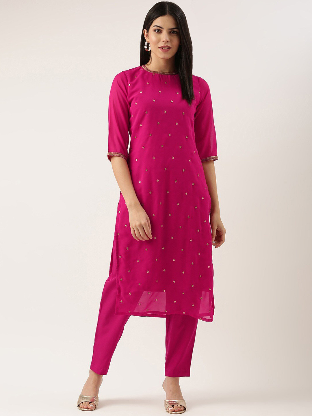 HRITIKA Floral Sequin Embroidered Regular Straight Kurta With Trousers