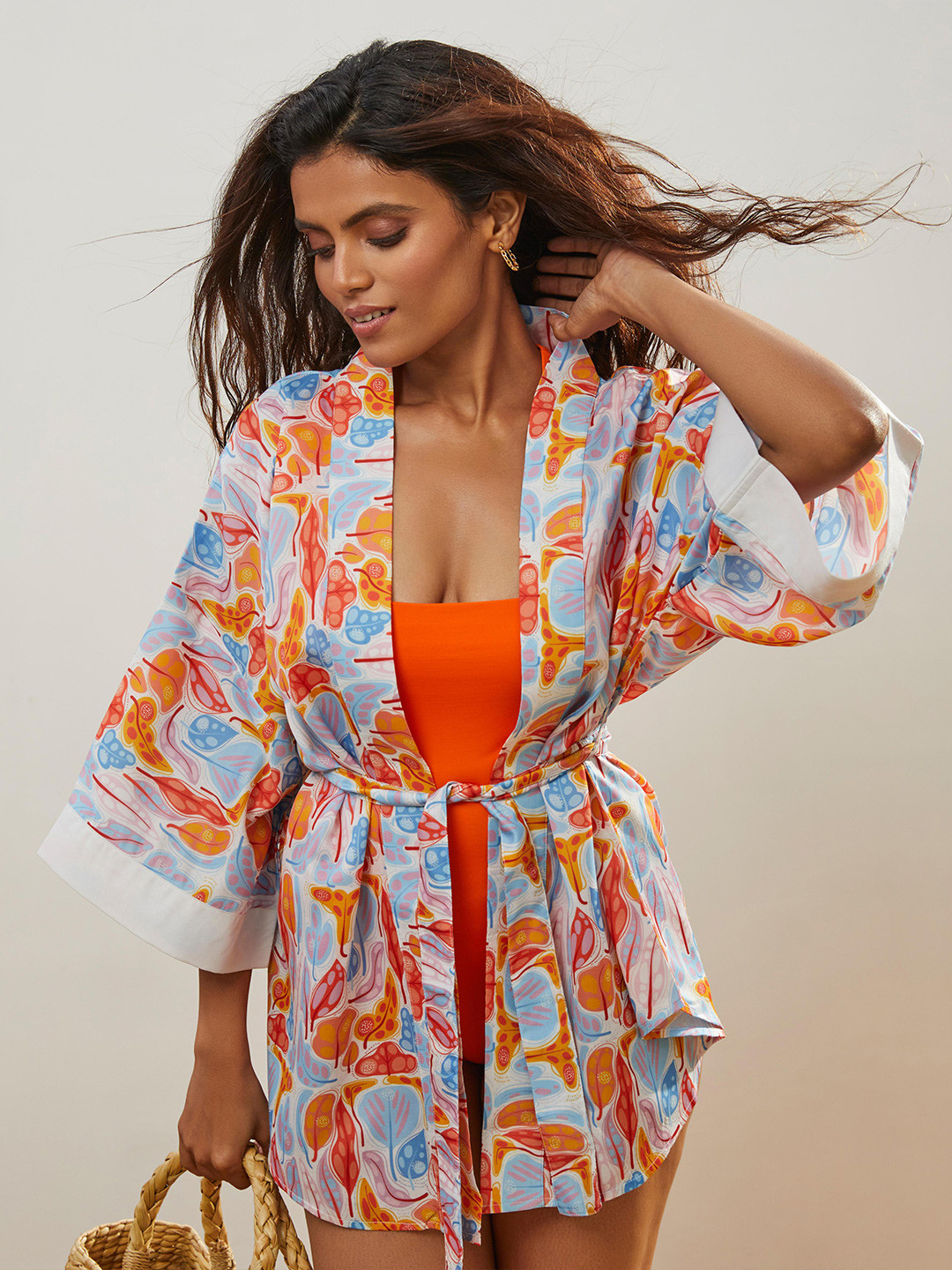 CMGE Abstract Printed Tie-Up Modal Shrug