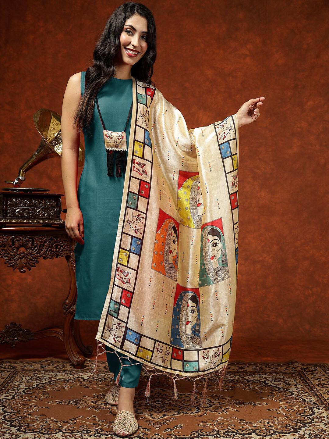 KALINI Ethnic Motifs Printed Sleeveless Straight Kurta & Trousers With Dupatta
