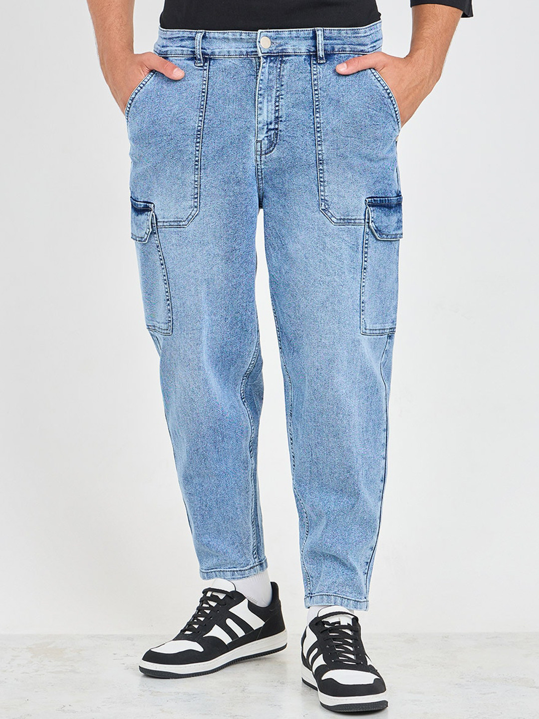 Styli Men Balloon Fit Light Wash Cargo Jeans