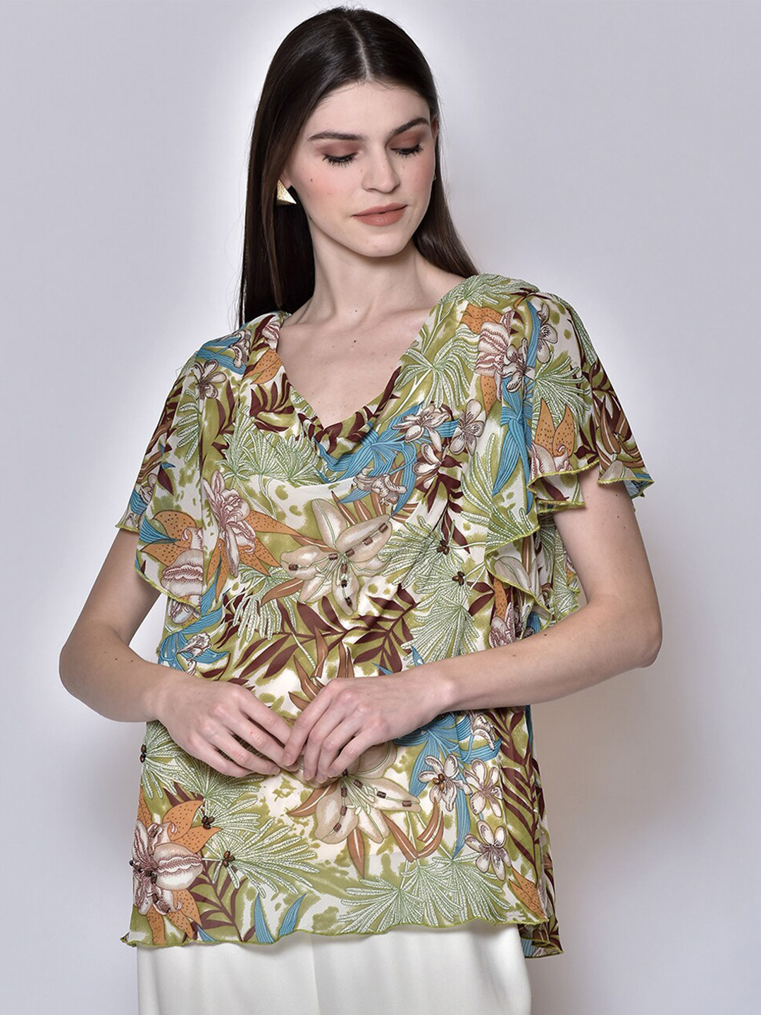 250 DESIGNS Floral Print Flared Sleeve Georgette Top