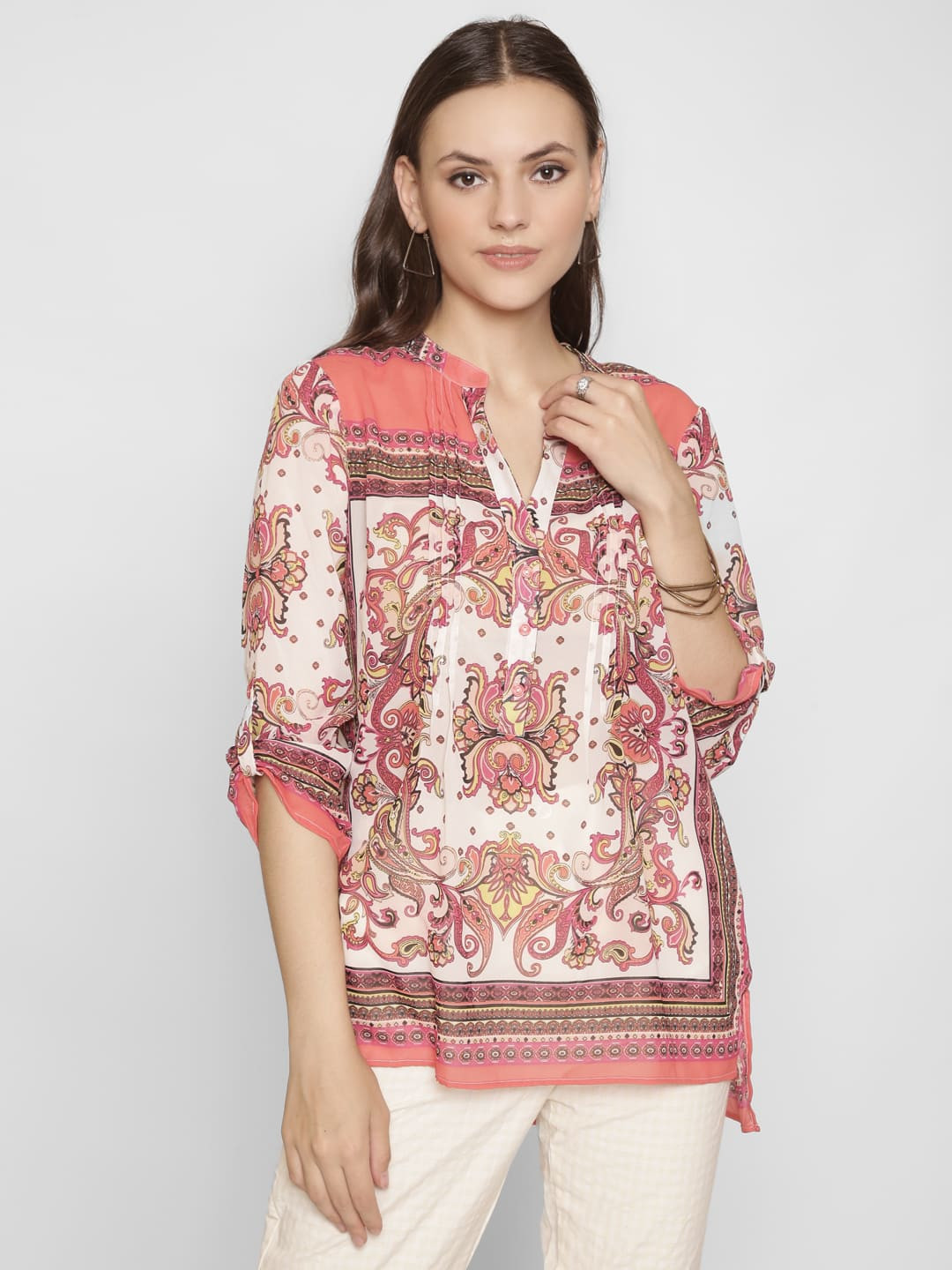 250 DESIGNS Ethnic Motifs Printed Mandarin Collar Roll-Up Sleeves Kurti