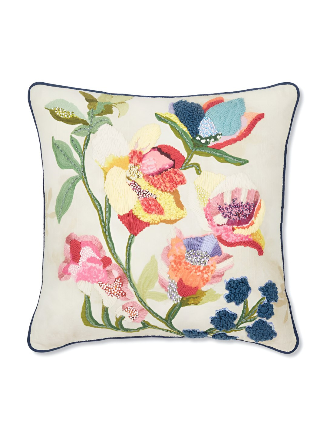 haus & kinder Cream & Green Floral Embroidered Square Cushion Cover