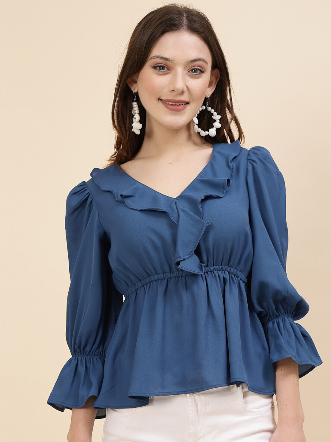 RAASSIO Bell Sleeve Crepe Cinched Waist Top