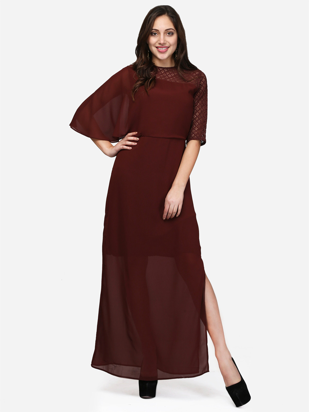 V&M Cape Sleeve Georgette Side Slit Maxi Dress